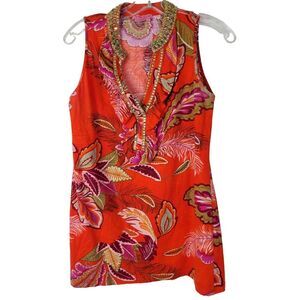 Joyous & Free Women's Orange Purple Beaded Tunic Top Sleeveless Small‎